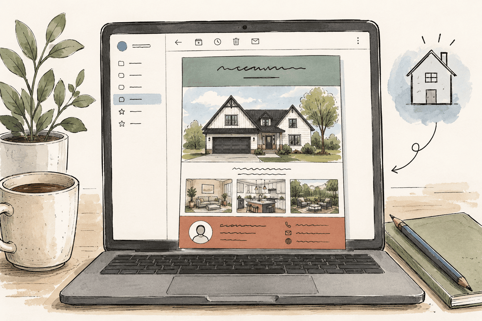 How to make a real estate email flyer Illustration of a laptop displaying a real estate email flyer, with a sample home listing photo, supporting interior photos, and an agent contact panel.