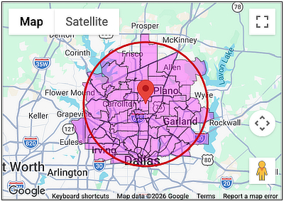 Map showing zipcodes highlighted in Dallas Texas area