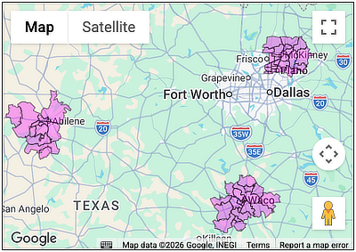 Map showing zipcodes highlighted in multi-county area