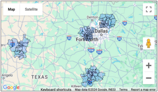 Map showing zipcodes highlighted in multi-county area