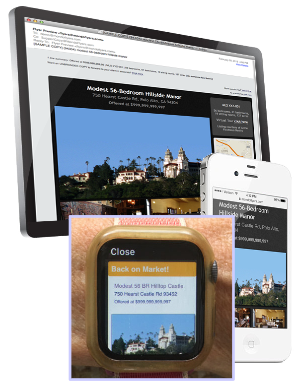 Mobile-responsive real estate email flyer shown on laptop, phone, and Apple Watch