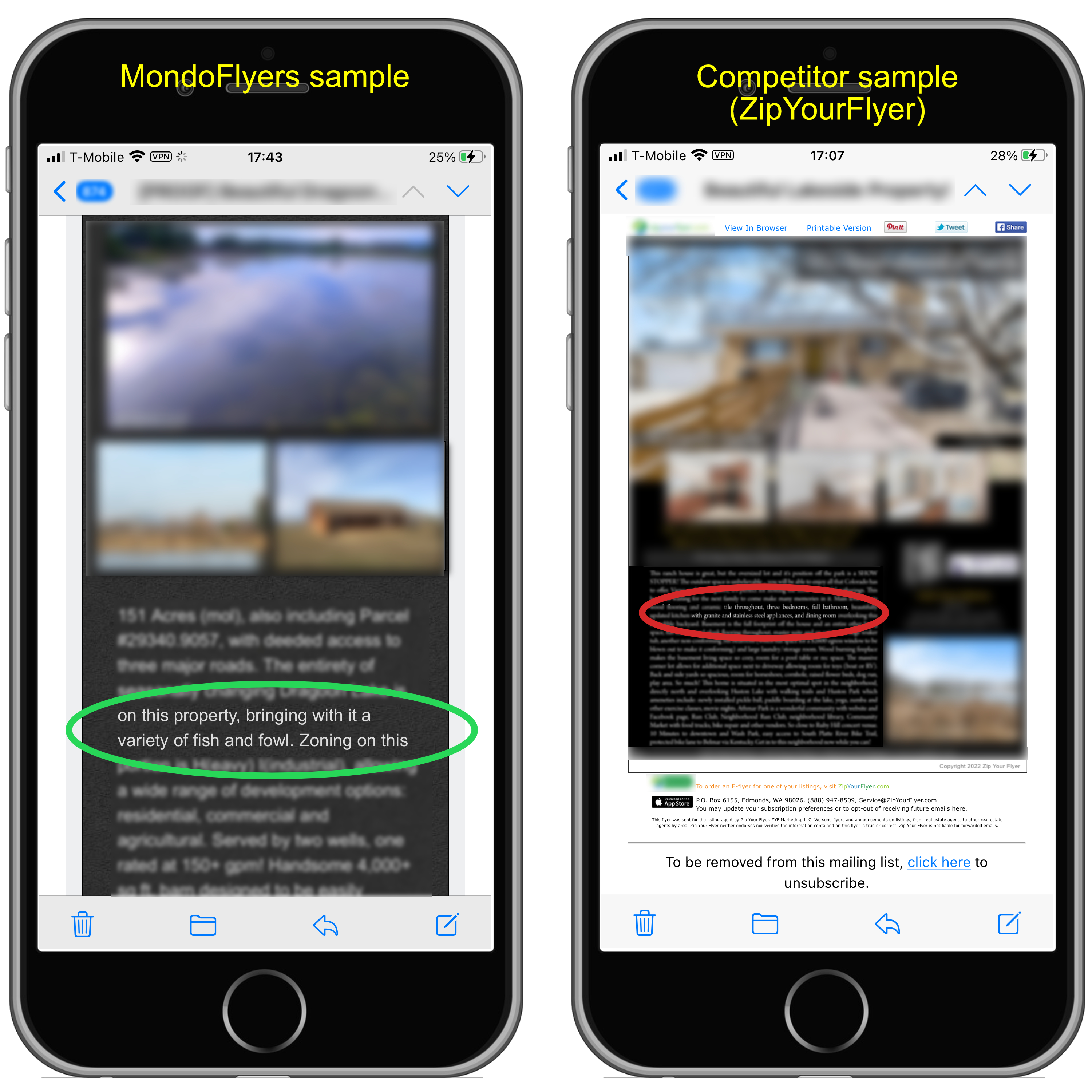 Side-by-side image showing MondoFlyers' true mobile-response templates  always stay readable on smartphones unlike immobile templates from competitors including ZipYourFlyer