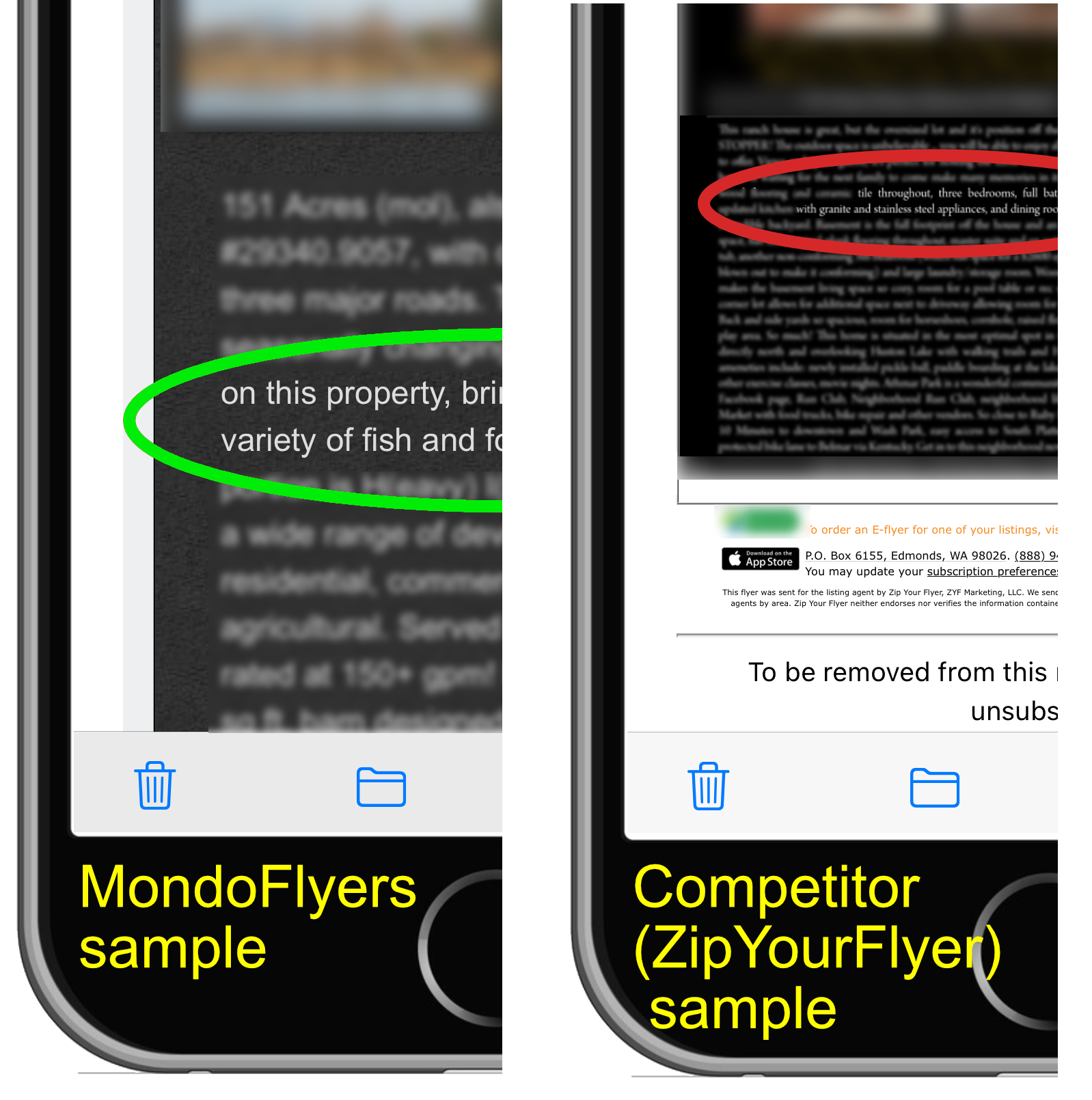 Side-by-side smartphones show competitor eflyer text can become very small while MondoFlyers remain readable on any size screen.